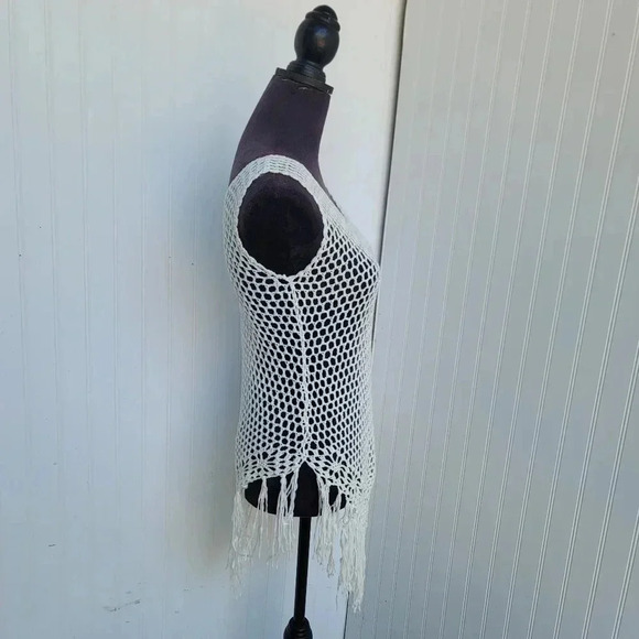 White Cotton Blend Crochet Fishnet Fringe Sleeveless Sweater Top Sweater Sz S/M - Picture 3 of 10